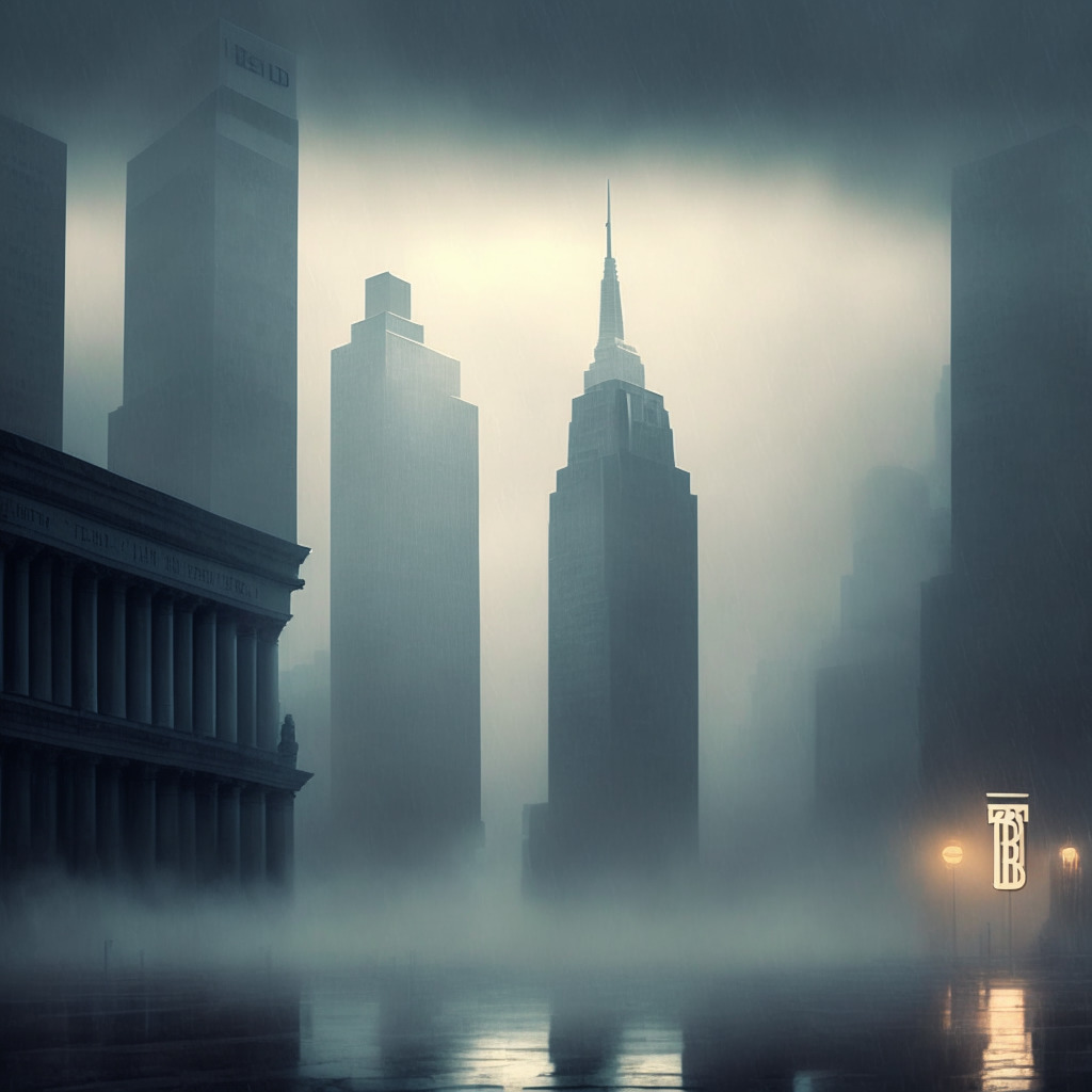 Misty cityscape with Bitcoin emblem, Wall Street background, JPMorgan Chase building, First Republic Bank signage fading, PacWest Bancorp stock dropping, somber mood, dim lighting, soft colors, Ashcan School style, financial turmoil undertones, anticipation of Federal Reserve's decision.