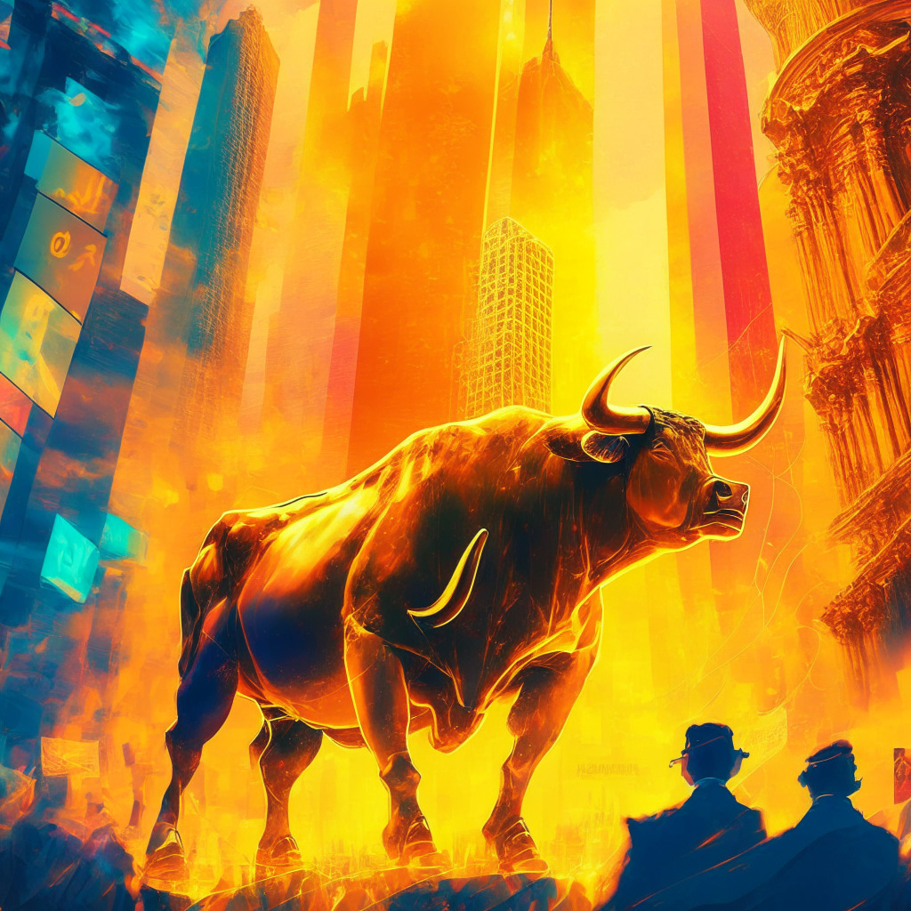 Bull market scene, radiant golden light, flourishing stock charts, Avalanche & Uwerx tokens rising, modern city skyline, energetic whirlwind of freelancers, DeFi innovation, disruptive tech advances, victorious atmosphere, impressionist style. #crypto #AVAX #Uwerx #blockchain #DeFi #freelancerevolution