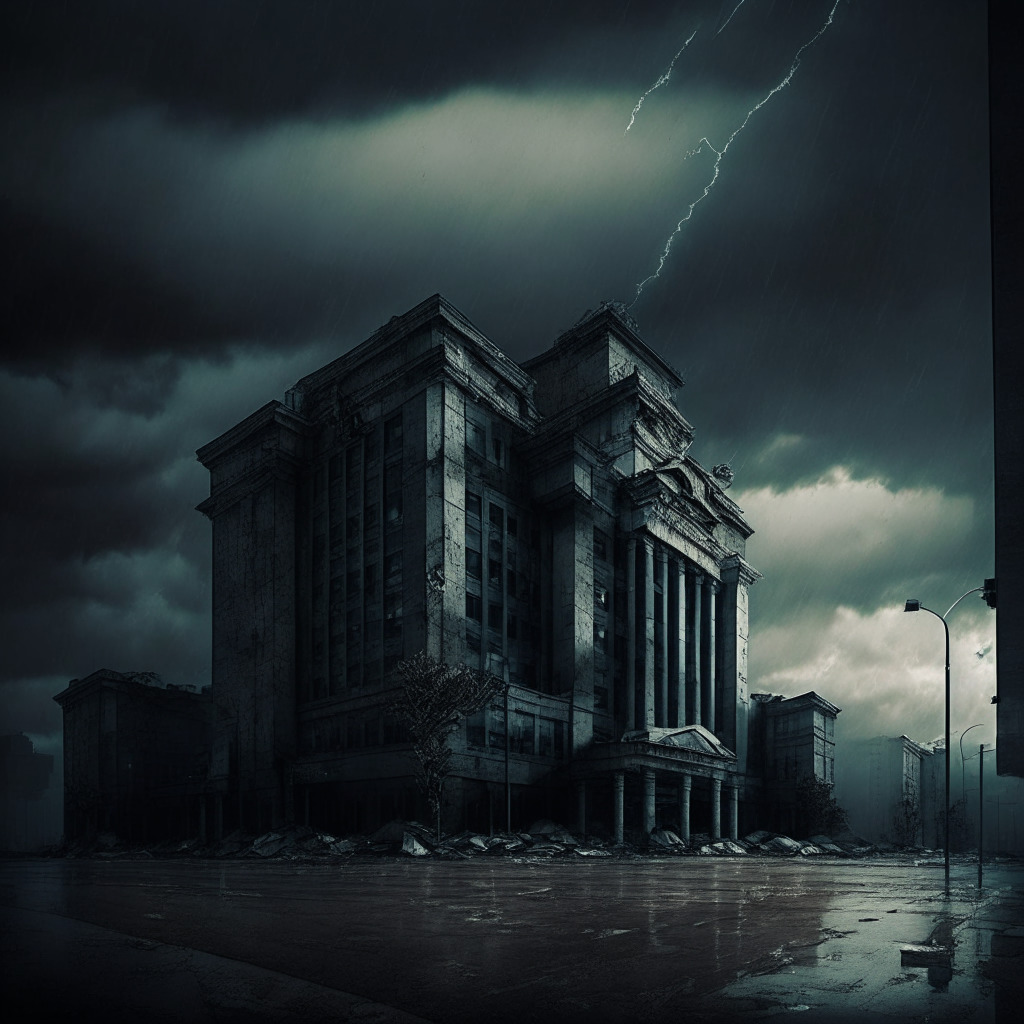 Dark, stormy sky over a distressed city, eroding office buildings, deteriorating shopping centers, ominous bank facade, somber mood, chiaroscuro lighting, faded artistic styles, tinge of optimism on the horizon.