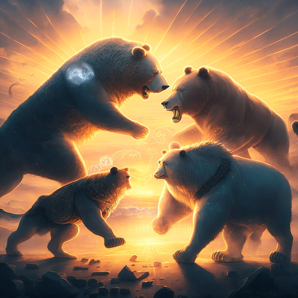Sunset-lit bear and bull locked in battle, ethereal mist, modern vs classic art styles, complex crypto machinery, coins engraved with TOADS, DOGE, SHIB symbols, cautiously optimistic faces, play-to-earn elements with rewards, soft glow encompassing the scene, a hint of determination and hope.