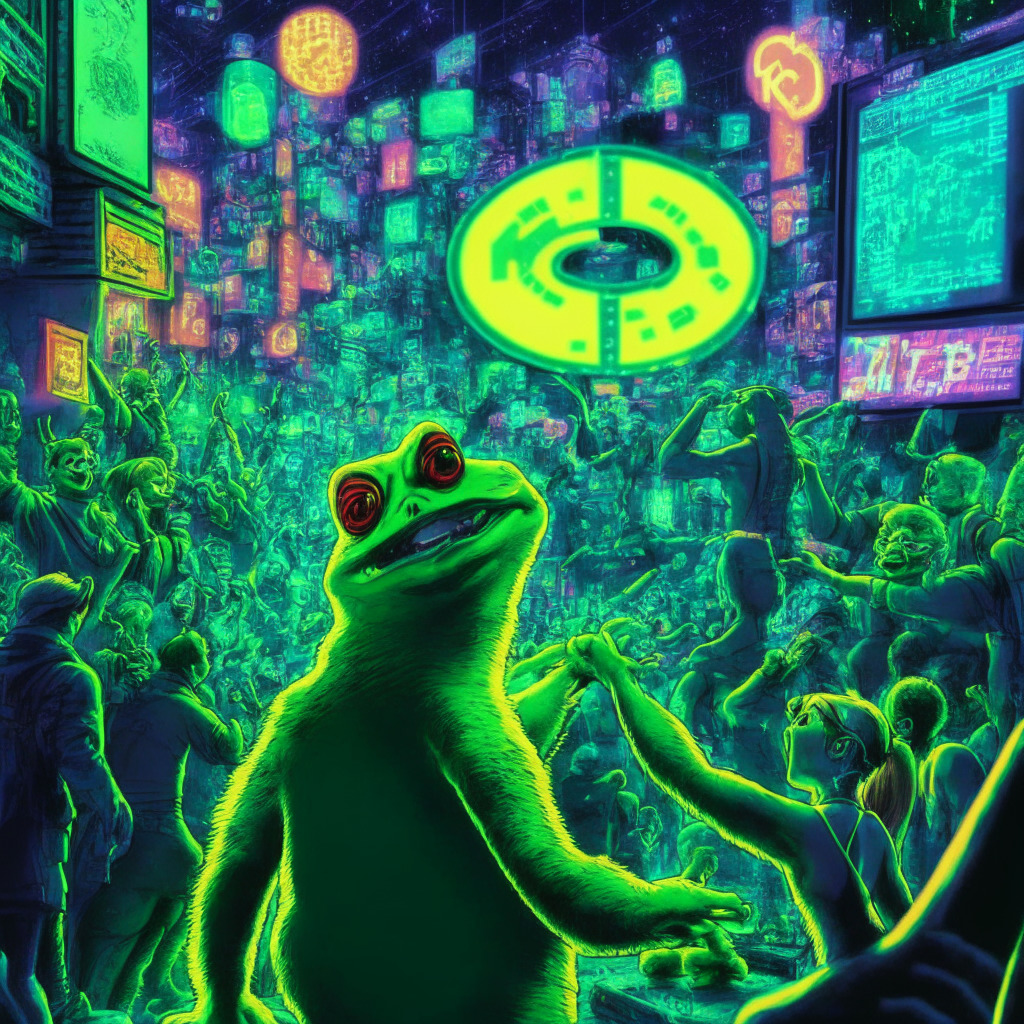 Cryptocurrency exchange lists meme token, vibrant scene reflecting Pepe frenzy, green frog with human-like body at center, cyberpunk art style, neon city lights glow in background, warm hues of success and growth, dynamic composition with soaring graph, excited onlookers in awe, fusion of meme and currency worlds, subtle nods to Shiba Inu and Dogecoin, cautious reminder of investment risks.