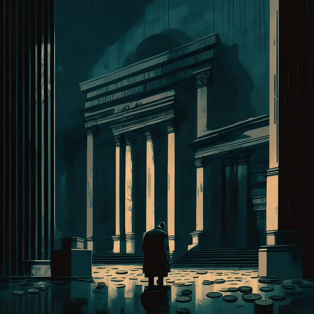 Dimly lit, atmospheric scene, cascading coins and cryptocurrencies, somber color palette, melancholic mood, expressionist style, Federal Reserve building in the background, shadows, bearish market sentiment, downtrending chart.