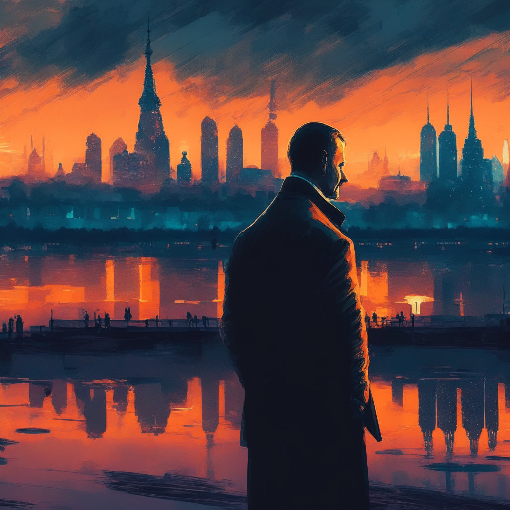 Russian government official discussing crypto-use in international settlements, twilight setting with Moscow skyline, impressionist art style, contrasting warm and cool tones, subtle tension and intrigue in the mood. Cross-border crypto payments concept, sanctioned trade activities, experimental vibe.