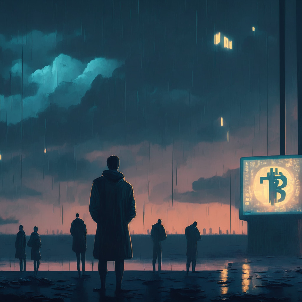 Surreal crypto market scene, gloomy atmosphere, dusk setting, impressionist style, ChatGPT projecting prices on a futuristic billboard, Bitcoin standing tall in spotlight, fading altcoins in shadows, uncertain mood, traders watching with mixed emotions.