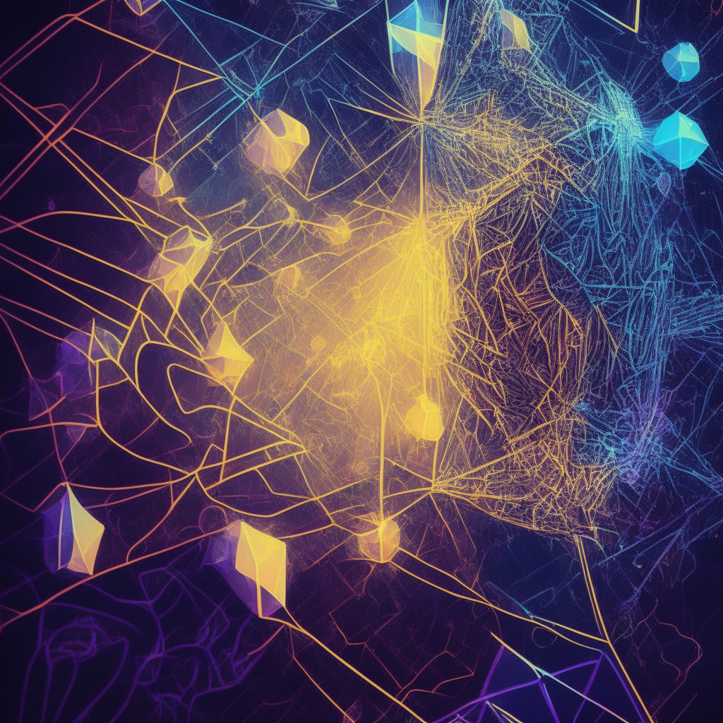 Abstract digital art of Ethereum network, Shapella upgrade motif, soaring onchain fees, contrasting colors of Arbitrum and Optimism Layer 2 scaling solutions, light rays emanating from transactions, moody yet energetic atmosphere, intricate line work, vivid hues.