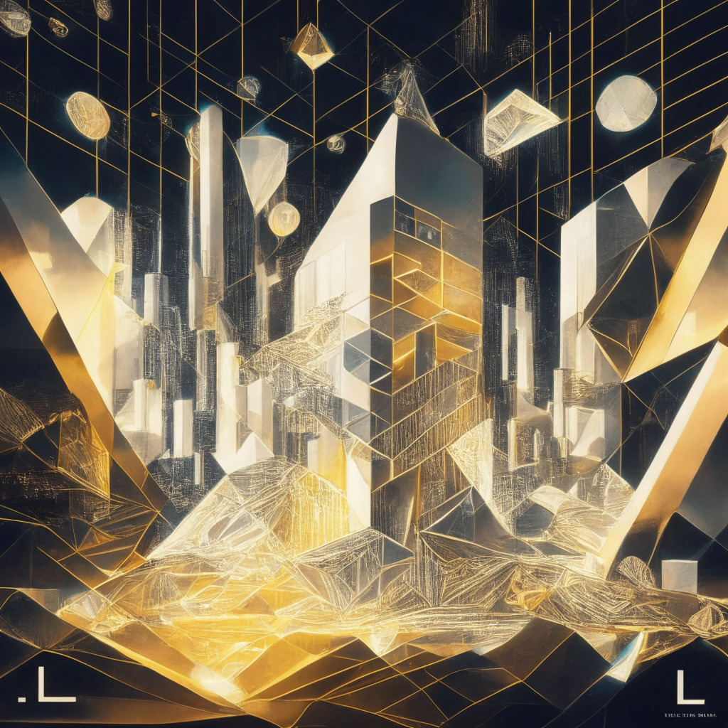 Futuristic financial landscape, diverse cryptocurrencies, Litecoin's gleaming silver glow, Polygon's geometric framework, Collateral Network's NFT backed real-assets, shimmering diamonds, radiant gold bars, exquisite fine art, low light setting, chiaroscuro effect, interconnected decentralized networks, air of anticipation, potential exponential growth, artistic cubism influence.