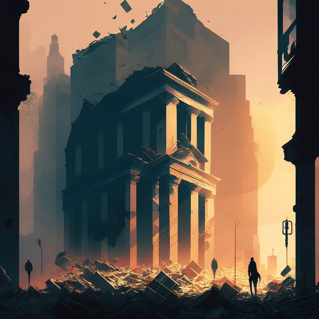 Intricate cityscape with a collapsing bank building, somber color palette, hazy sunlight, contrasting commercial real estate, crypto symbols rising from the rubble, moody and ominous atmosphere, silhouettes of concerned people, subtle elements of vibrant cryptocurrencies, vanishing point perspective.