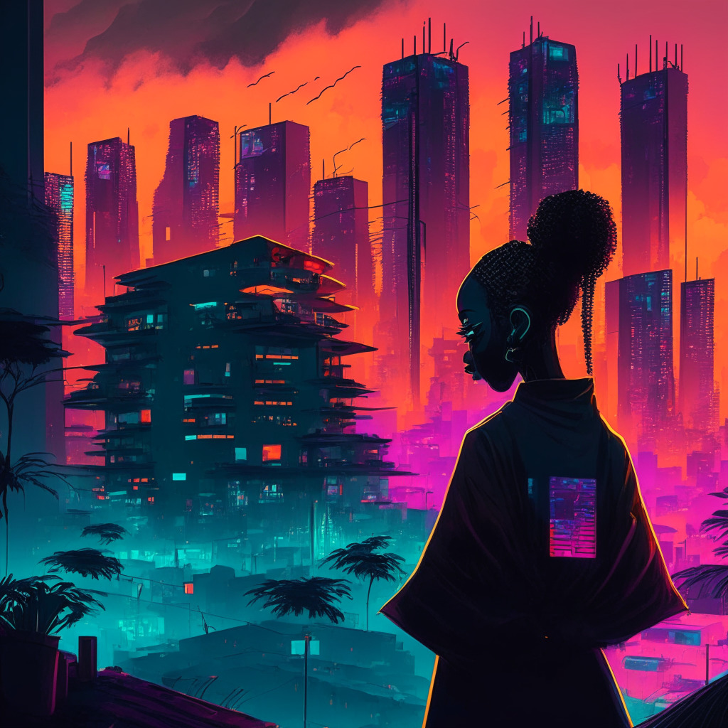Nigerian digital exchange scene with asset-backed tokens, dusk-lit cityscape, cyberpunk undertones, vibrant colors, dynamic trading platform, contrasting moods of hope and uncertainty, relaxed regulatory environment, shimmering silhouettes, bustling fintech hub. #Nigeria #DigitalExchange