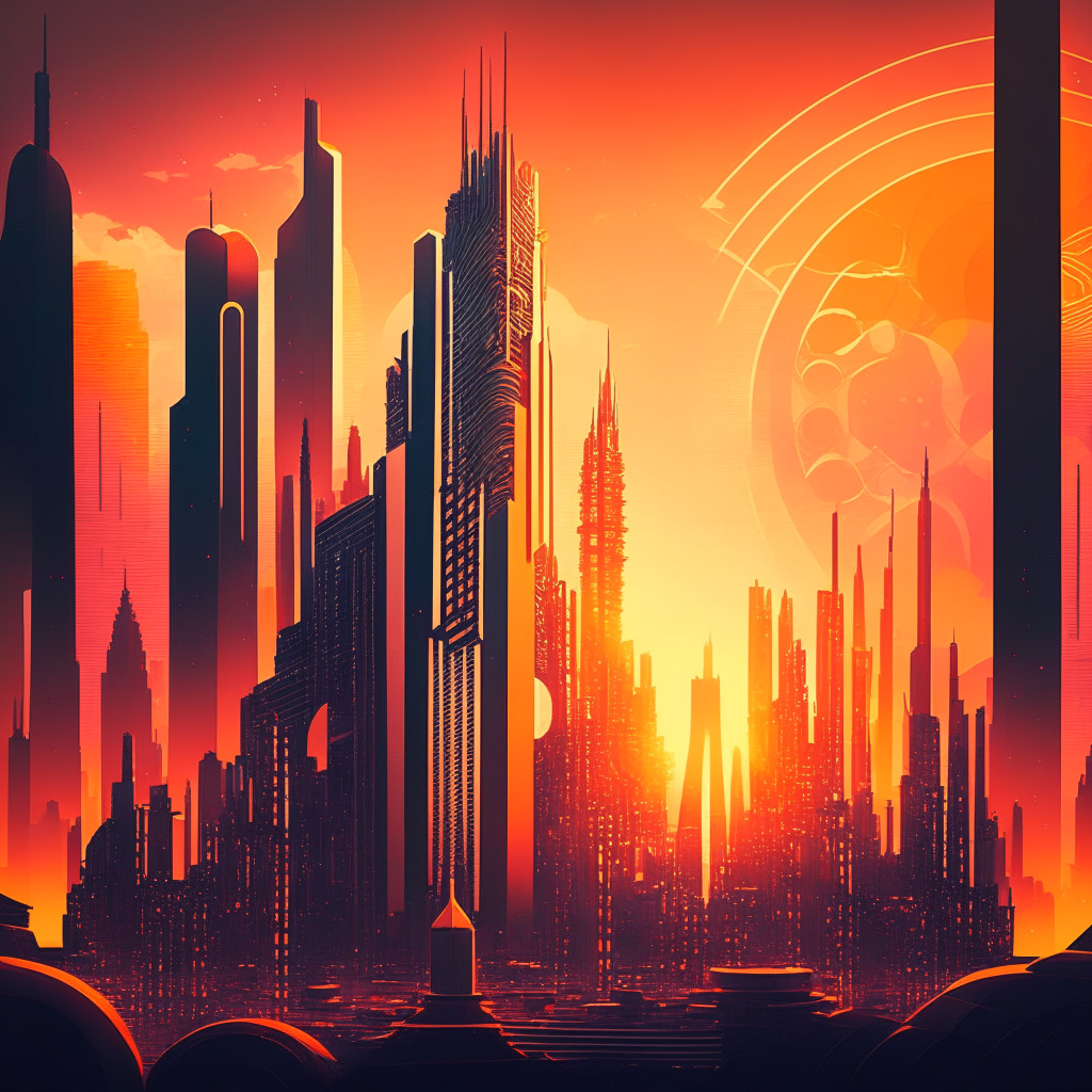 Intricate cityscape with futuristic architecture, DeFi symbols, warm sunset glow, contrasting shadows, vibrant artistic style, ambience of evolving financial landscape, mood of optimism and potential, traditional and decentralized finance elements intertwining.