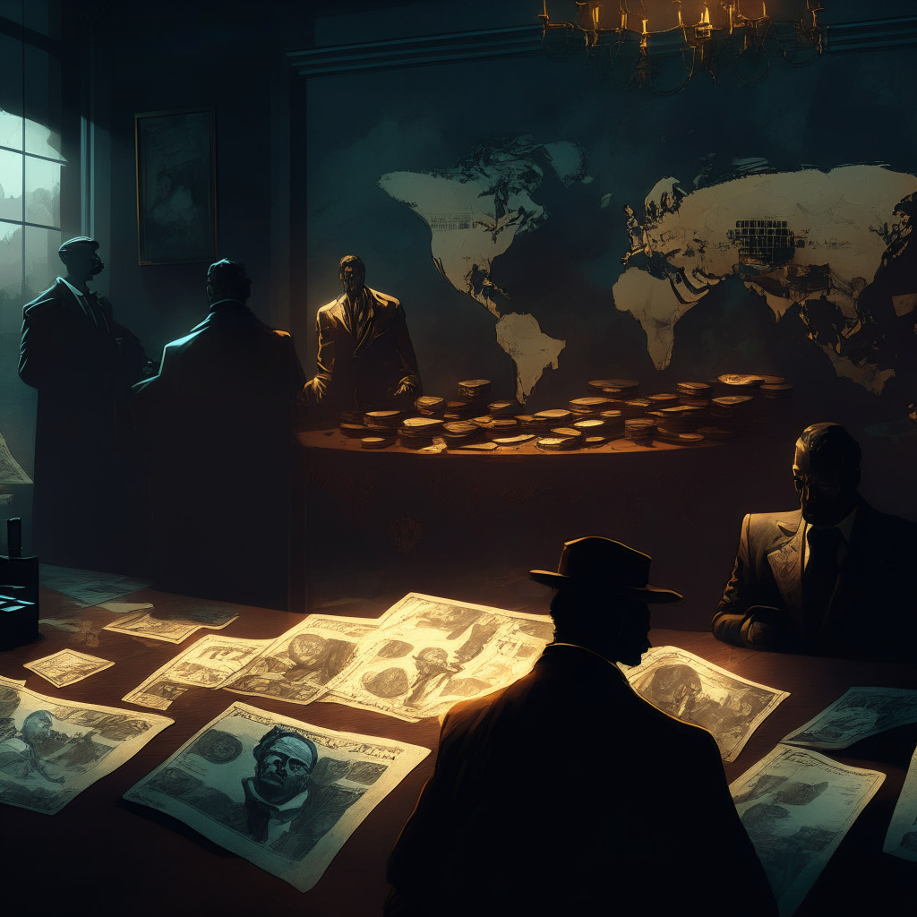 Cryptocurrency exchange settlement scene, solemn mood, chiaroscuro lighting, baroque style, virtual currency on a balance scale, shadowy figures, hints of Crimea, Cuba, Iran, Sudan, Syria, suspenseful atmosphere, digital world map in background, compliance documents scattered. Limit: 350 characters.