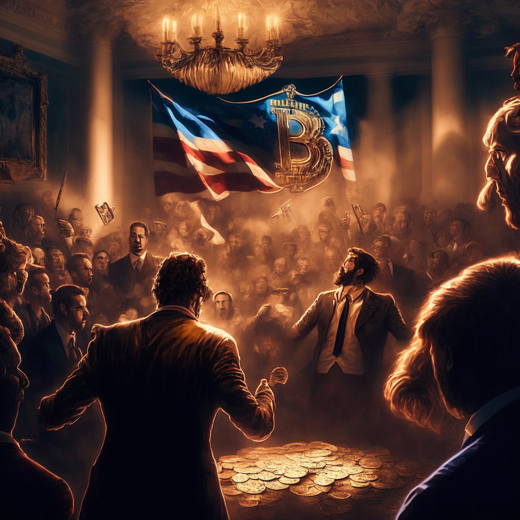 Cryptocurrency conflict scene, SEC vs. crypto exchange, in Austin, Texas, chiaroscuro lighting, Baroque artistic style, tense atmosphere, emphasizing lack of communication, Bittrex CEO in the spotlight, EU regulation in the background, American flag fading, fight for crypto clarity, 350 characters.