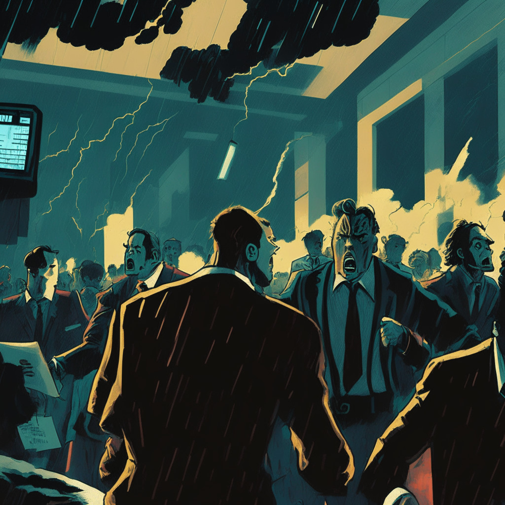 Crypto exchange negotiation scene, frantic Wall Street trading floor, intense expressions, impending deadline, contrasting dramatic lighting, shadowy mediation room in background, stormy skies symbolize bankruptcy dispute, modern art style with vibrant color palette, uncertainty and urgency, clock striking midnight. (342 characters)