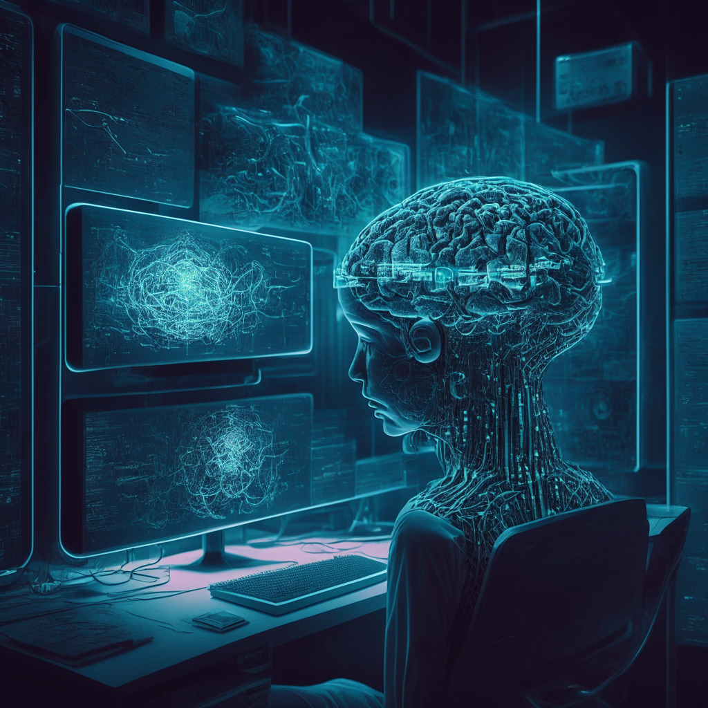 Intricate neural network, fMRI brain signals decoding, AI reconstructing human thoughts, warm laboratory setting, soft glow of computer screens, focused scientists, futuristic technology, contemplative mood, shadowy ethical implications, blend of realism and artistic expression.