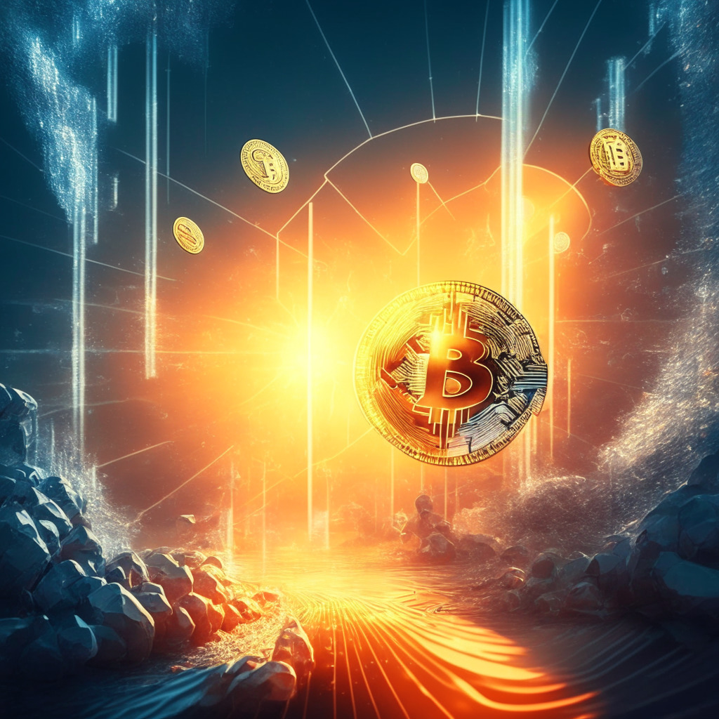 Cryptocurrency success, MicroStrategy's bitcoin gains, Q1 impairment loss reduction, 140,000 BTC holdings, warm and radiant light, financial stability and confidence, surrealistic digital currency landscape, dynamic futuristic trading environment, optimistic mood, empowering financial growth.