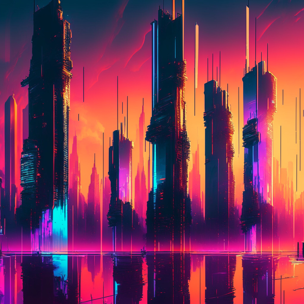 Surreal finance cityscape, liquid staking protocols, vibrant colors, DEX buildings fading into the background, elevated liquid staking skyscrapers, glowing neon lights, warm sunset, lively mood, crypto tokens flowing, sparkling reflections, triumph for liquid staking category.