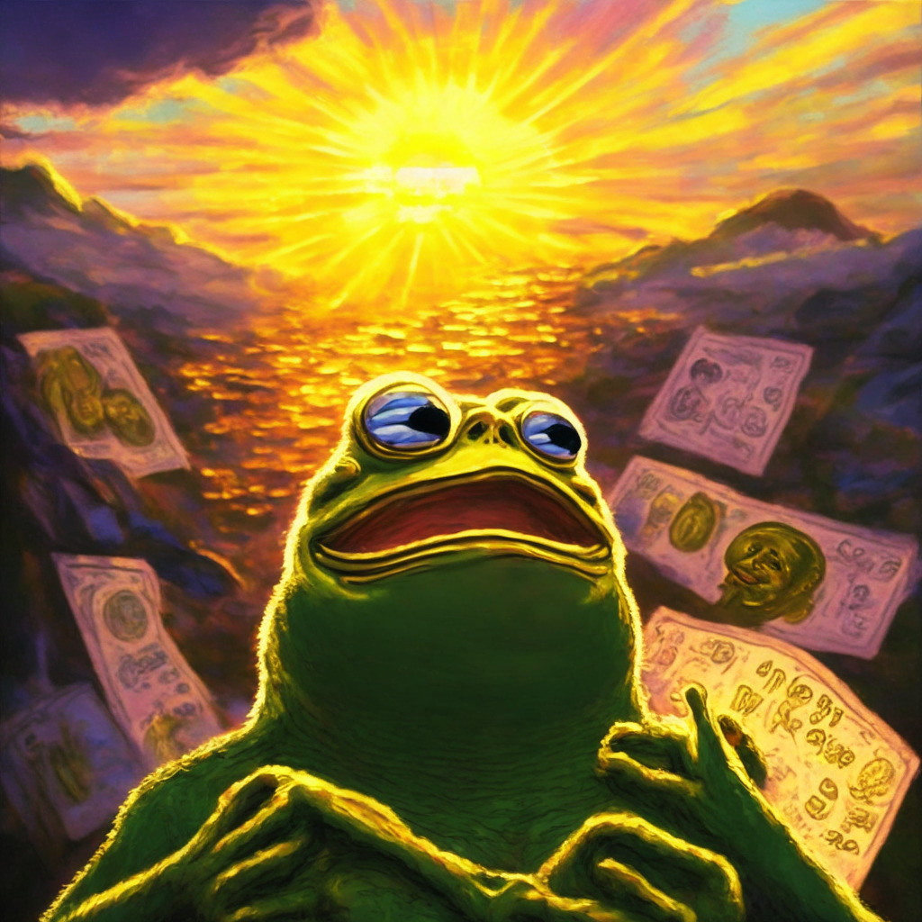 Frolicsome memecoin inspired by Pepe the Frog, soaring prices with recent all-time high, adventurous traders turned millionaires, mood of triumphant FOMO, 90% gain in 24 hours, vivid exchange listings fueling the rise, golden-hued evening light reflecting the crypto's success, rich artistic tapestry of meme culture, Twitter post captures essence of wealth transformation.