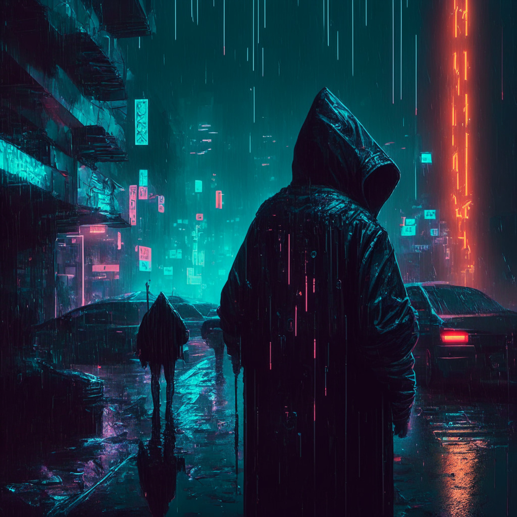 Cryptocurrency heist scene, dark and mysterious atmosphere, cyberpunk vibes, neon lights reflecting on rainy streets, hackers wearing hoodies, digital code fragments, twisted cityscape in the background, tension and urgency, artistic representation of $103 million loss, contrasting with previous month's stats, caution and alertness.