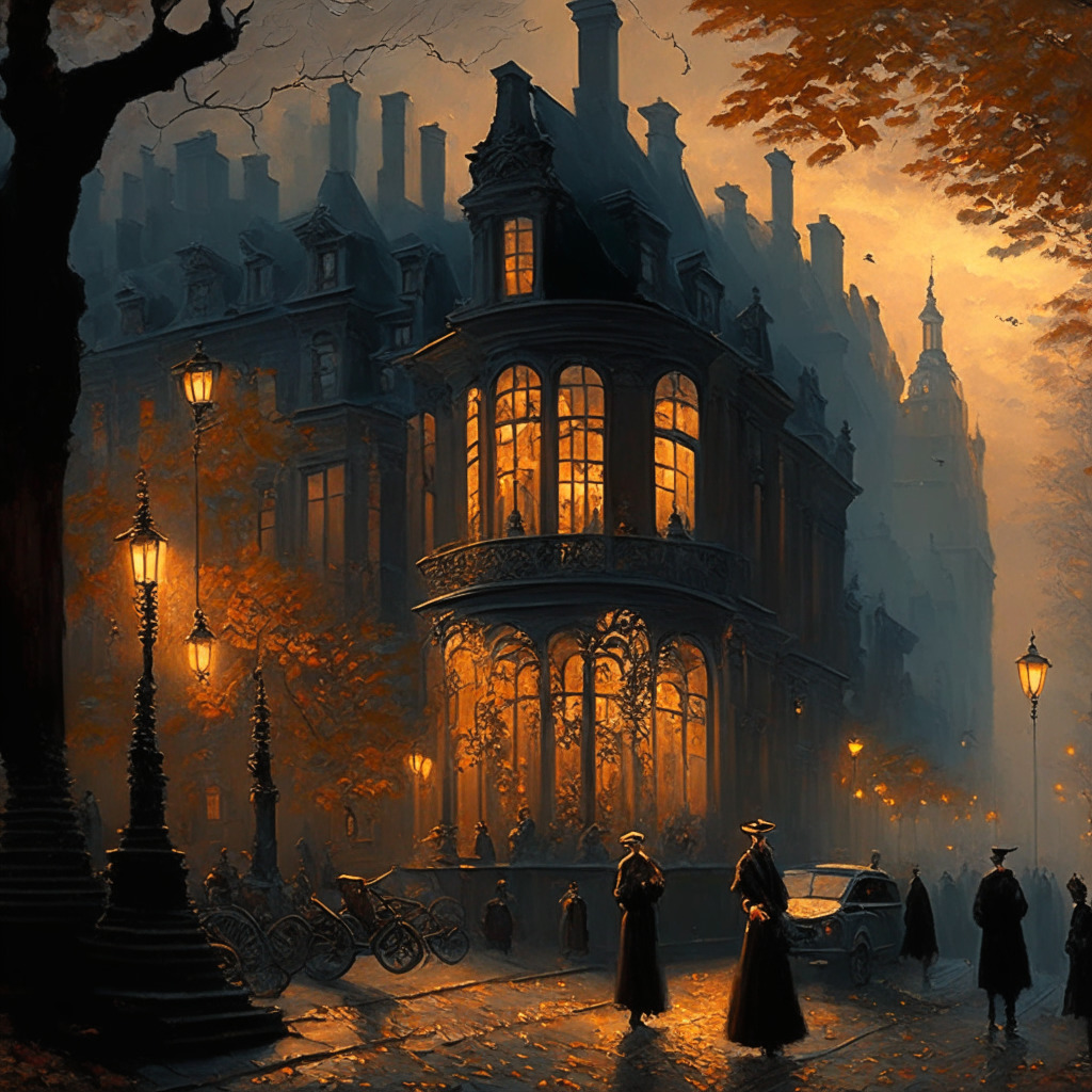 Intricate Victorian-era cityscape, dusky twilight setting, warm lamplight illuminating cobblestone streets, figures engaged in discussions with varying expressions, a blend of traditional and futuristic elements, autumn foliage swirling in the air, an aura of anticipation and collaboration, muted color tones, the undertones of a looming regulatory decision.