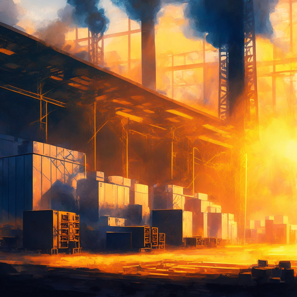 Bitcoin mining facility, Corning, Ohio, rustic industrial setting, golden-hour sunlight, Impressionist style, glowing warm atmosphere, productive mood, powerful machinery, mobile data center units, ethereal smoke, energy expansion, dramatic perspective, technological prowess, intricate wiring, bold colors
