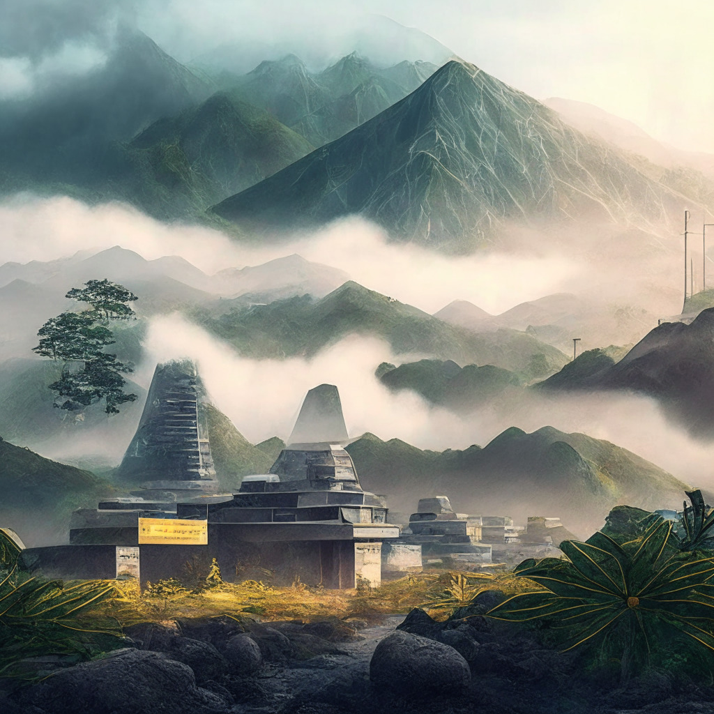 Eastern Himalayan landscape, hidden bitcoin mine, hydroelectricity-powered complex, misty atmosphere, warm morning light, juxtaposed modernity and nature, sense of mystery and discovery, collaborative efforts, subtle nod to renewable energy sources, El Salvador's volcanic inspiration, futuristic Bitcoin City design, collage of harmonious coexistence, innovative embrace of cryptocurrency.