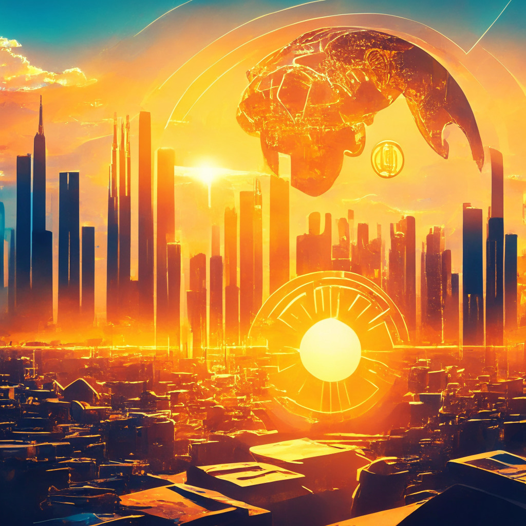Sunrise over global crypto landscape, East & West cooperation, contrast of warm hues & cool blues, bustling market scenes, thriving innovation hubs in West, supportive regulations in East, golden light symbolizing crypto adoption & growth, energetic movement, hopeful mood, futuristic style.
