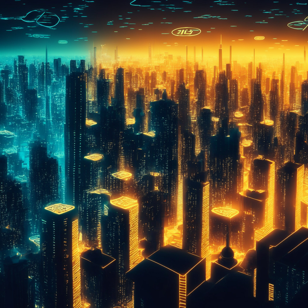 Aerial view of a digital cityscape with Bitcoin signs, LED-lit skyscrapers, dusk atmosphere, retro-futuristic art style, glowing matrix, mood of cautious optimism. Showcasing a company's financial turnaround, depicting fluctuating Bitcoin value, emphasizing risks and rewards in cryptocurrency investments.