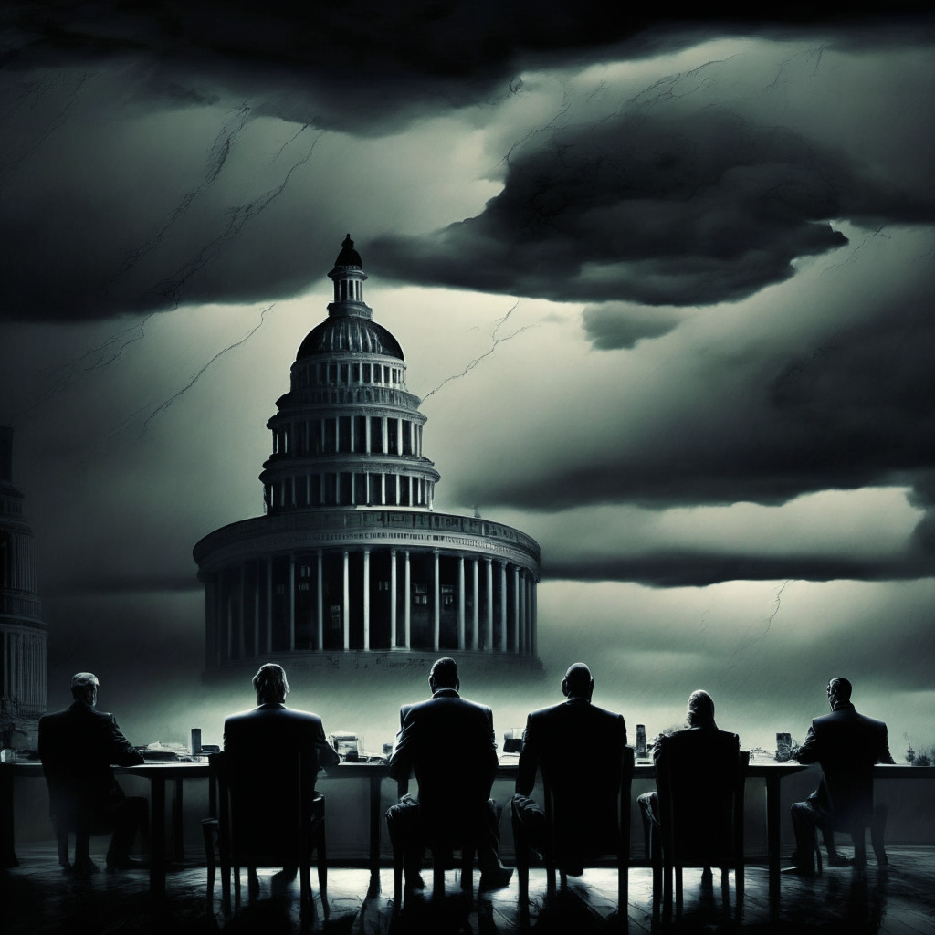 Gloomy Capitol Hill under dark storm clouds, tense political leaders in discussion around a table, debt clock ticking ominously, shadows indicating pressure, tension in the air, harmonious blend of realism and expressionism, impending financial tsunami in the background, worried American families watching from a distance, uncertain future for national security.