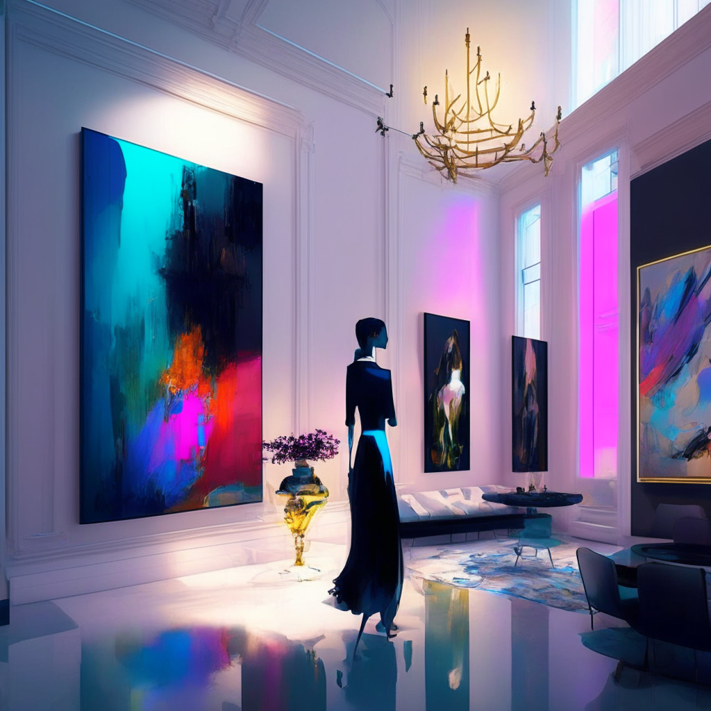 Elegant auction house with digital art, rotating curated NFT selection, renowned artists like XCOPY & Hackatao, ethereal light setting, sophisticated yet bold artistic strokes, smart contracts in action, vibrant colors conveying trust & innovation, underlying mood of cautious optimism.