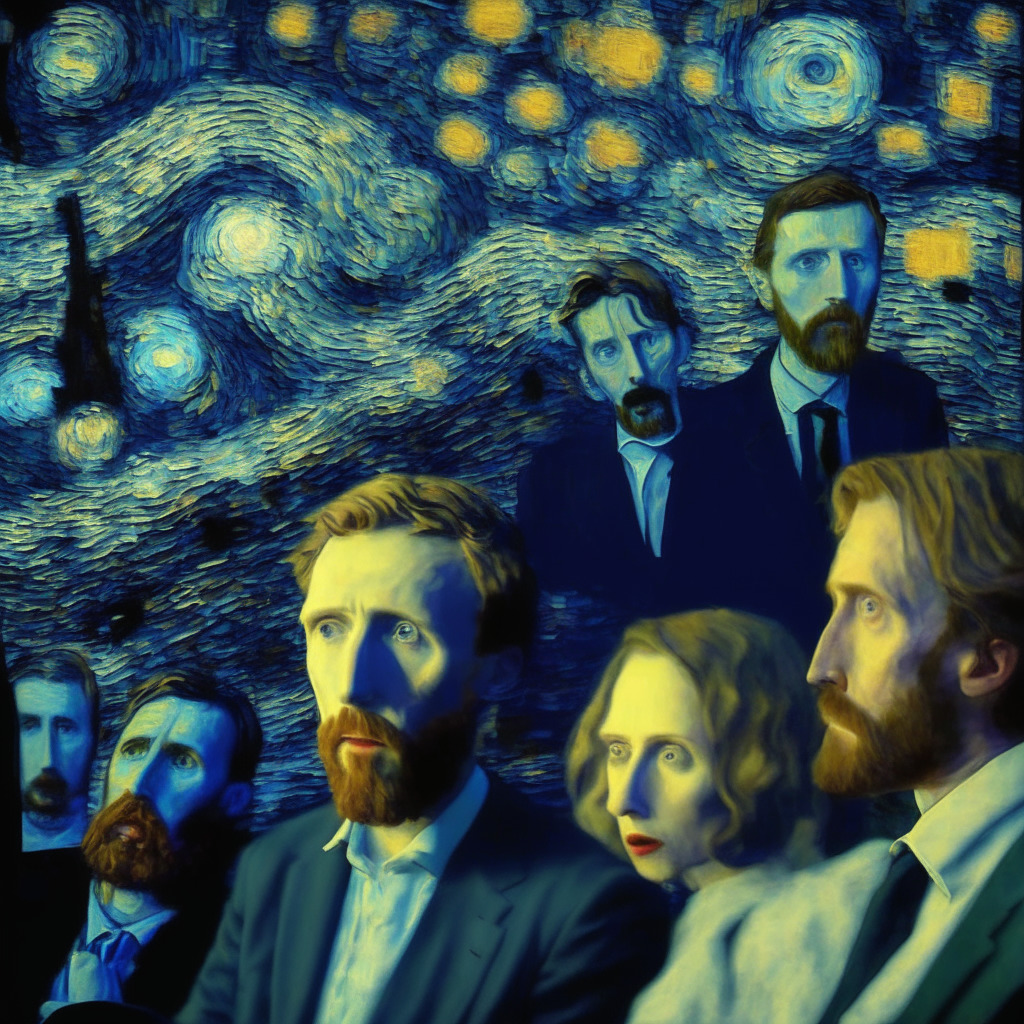 Renowned AI expert resigns, intricate debate scene, Van Gogh's Starry Night style, dimly lit, multi-layered conversations, a blend of hope & caution, AI-generated fake content, concerns over workforce impact, looming AI arms race, thoughtful faces, potential dangers to society, international collaboration for responsible AI practices.