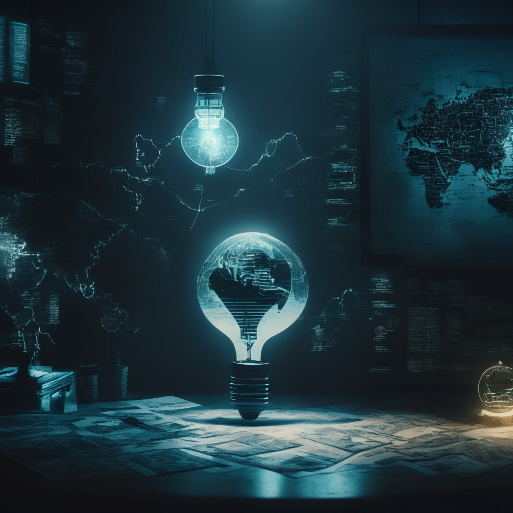 Cryptocurrency exchange scene with compliance scales, innovation lightbulb, global map, subtle noir atmosphere, chiaroscuro lighting, muted colors, earnest mood, tension between evolving technology & regulatory oversight, DeFi national security threat warning, striking balance in growth.