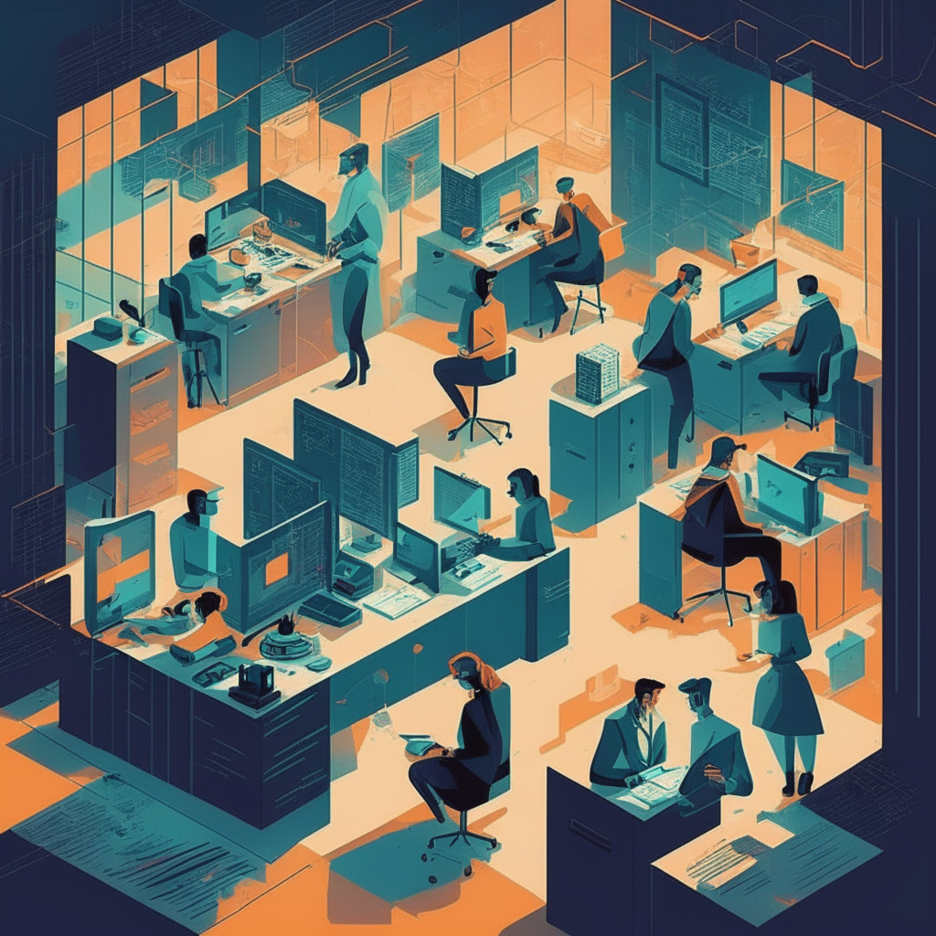 Intricate office scene, AI-assistants & workers, warm lighting, cubist style, blend of optimism & unease: Employees efficiently complete tasks with AI-tools, blockchain developers discuss innovative solutions, concerned workers question job security, human adaptability shines amidst evolving job roles.