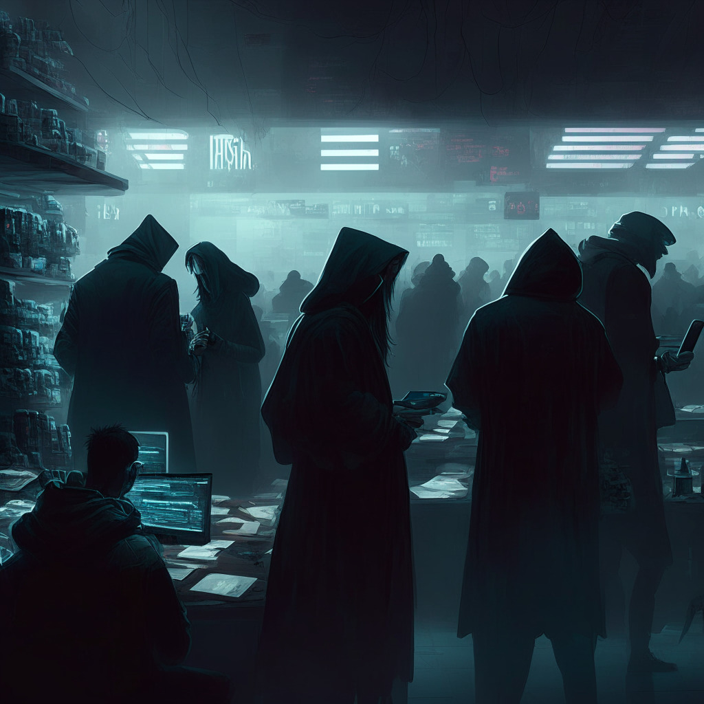 Shadowy market scene, various online accounts on display, sleek cybercriminals lurking, intense mood, chiaroscuro lighting, abstract monetary values floating, a SIM card swap theft in action, subtle warnings to be cautious, futuristic cyberpunk aesthetics, vigilant user safeguarding digital assets, dark web's sinister presence looming over.