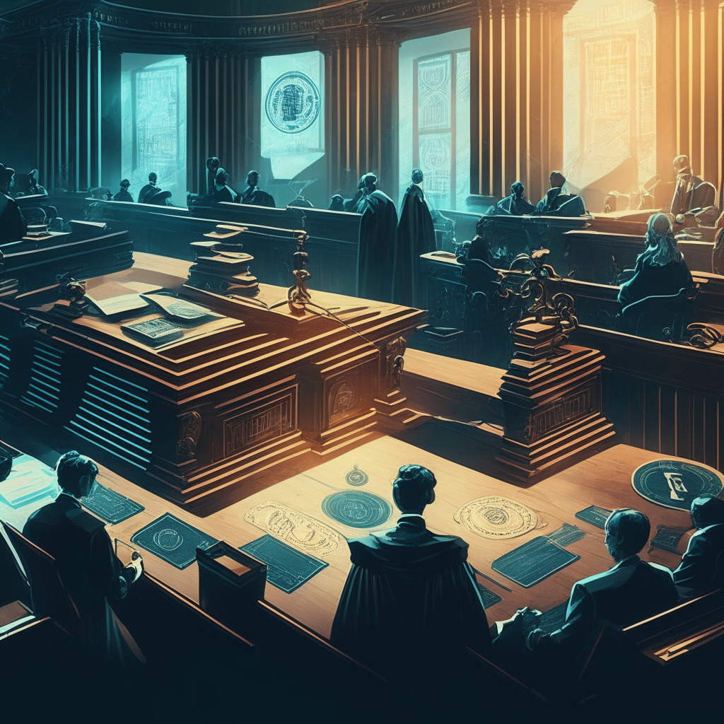 Cryptocurrency exchange courtroom scene, intricate balance scale, KYC compliance on one side, biometric privacy on the other, subdued colors, soft light setting, chiaroscuro effect, mood of uncertainty, legislation documents, subtle blockchain imagery, transparent and opaque elements interwoven.