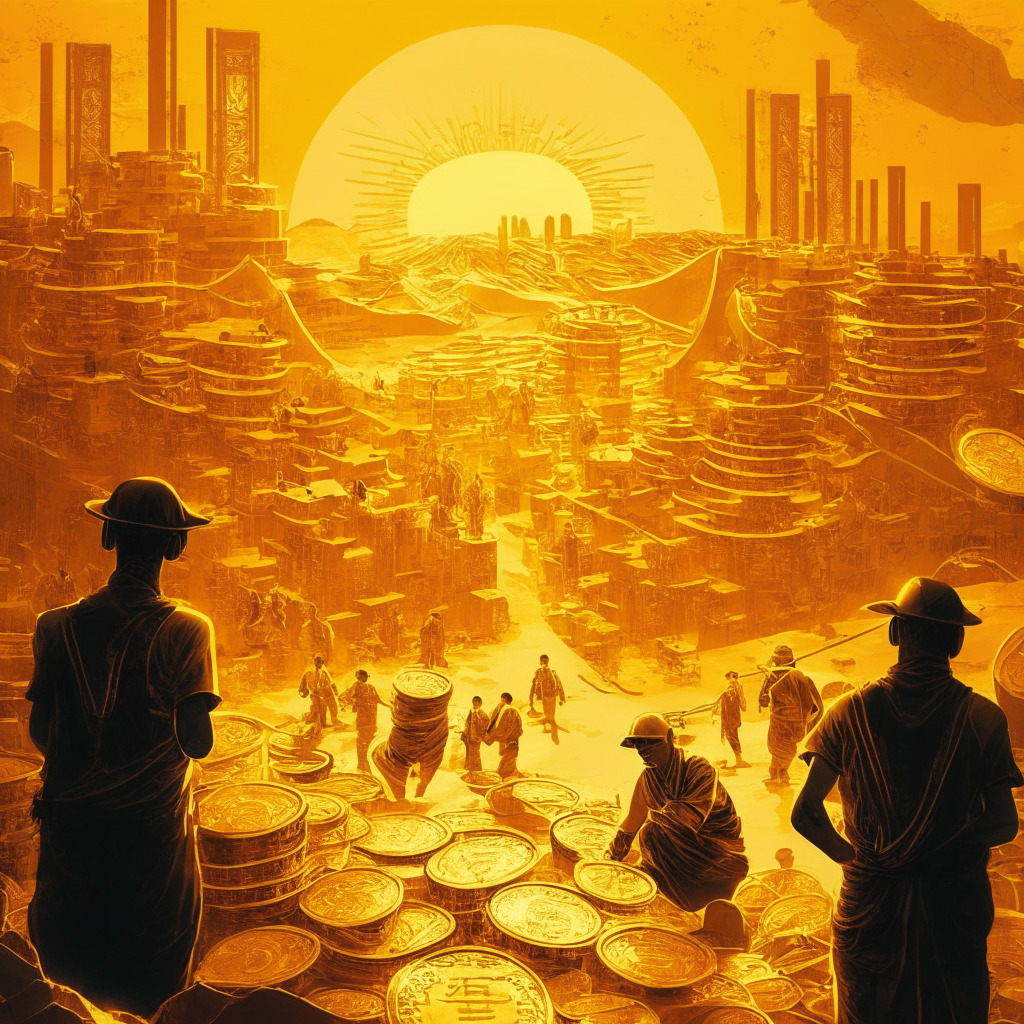 Intricate Chinese gold mining scene, 2023 post-pandemic recovery, bustling mining workers, central banks in the background, shimmering gold veins, alternate currency concept, warm golden lighting, Art Deco style, complex expression, uncertain mood, subtle dollar decline symbolism, sun setting on a new economic era.