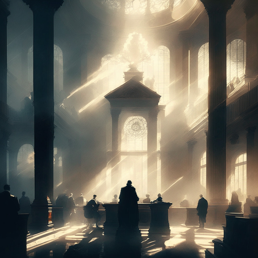 Intricate courthouse scene, Baroque style, soft warm lighting, intense expressions, swirling mist of uncertainty. CEO & board member exchanging crypto stock, concerned investors watching, looming shadows of SEC & Delaware Chancery Court, ethereal blockchain fading, mood of tension & distrust.