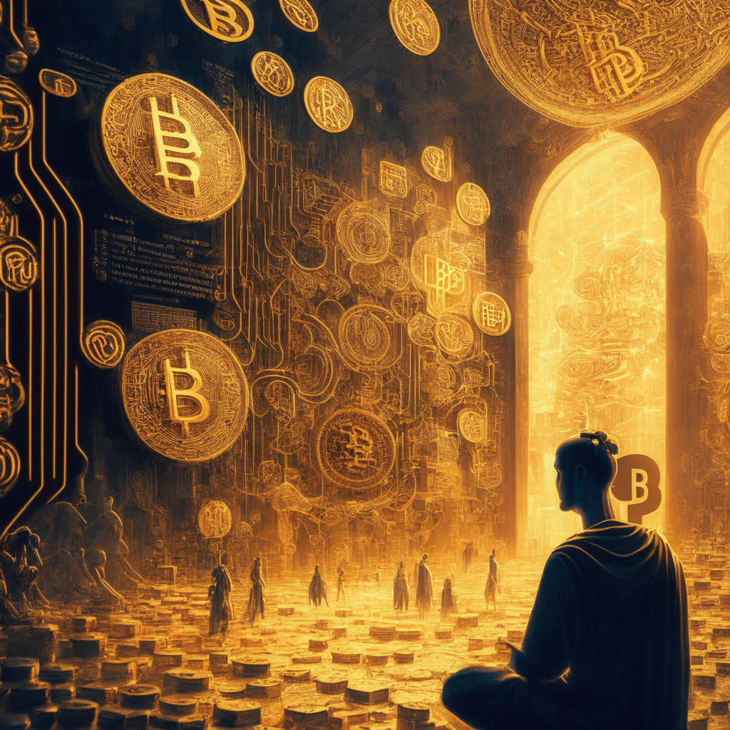 Intricate blockchain scene, artistic crypto tokens, contrasting BRC-20 & ERC-20, dynamic market growth, golden lighting, Binance mention in background, thoughtful mood, Ordinals Protocol inspiration, meme coin prevalence, subtle skepticism, independent exchanges fading.