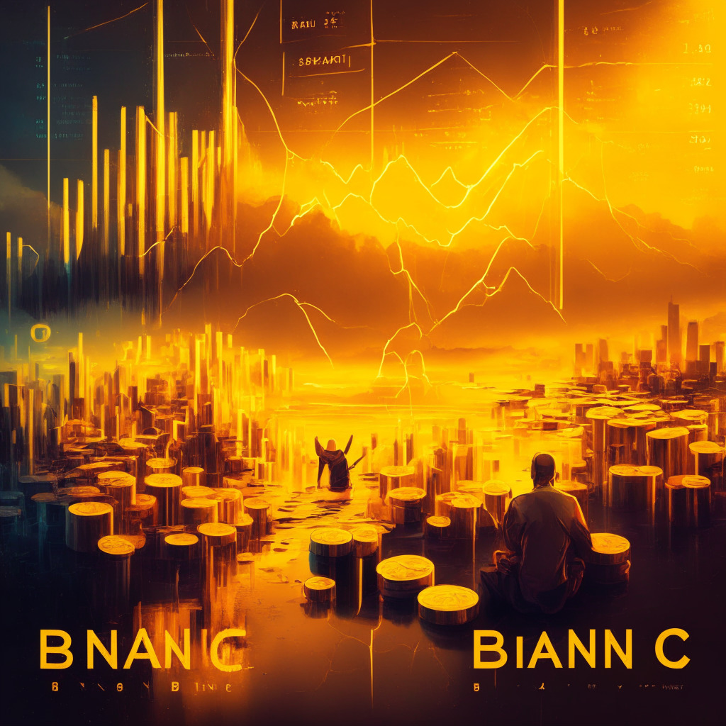 Cryptocurrency exchange scene, Binance Coin's 2.24% gain, thriving Sui Network partnership, launchpool project, vibrant trade atmosphere, layered blockchain, decentralized app creations, golden-hued economic growth, hints of regulatory challenges, sunset-hued challenges, artful mixture of success and adversity.