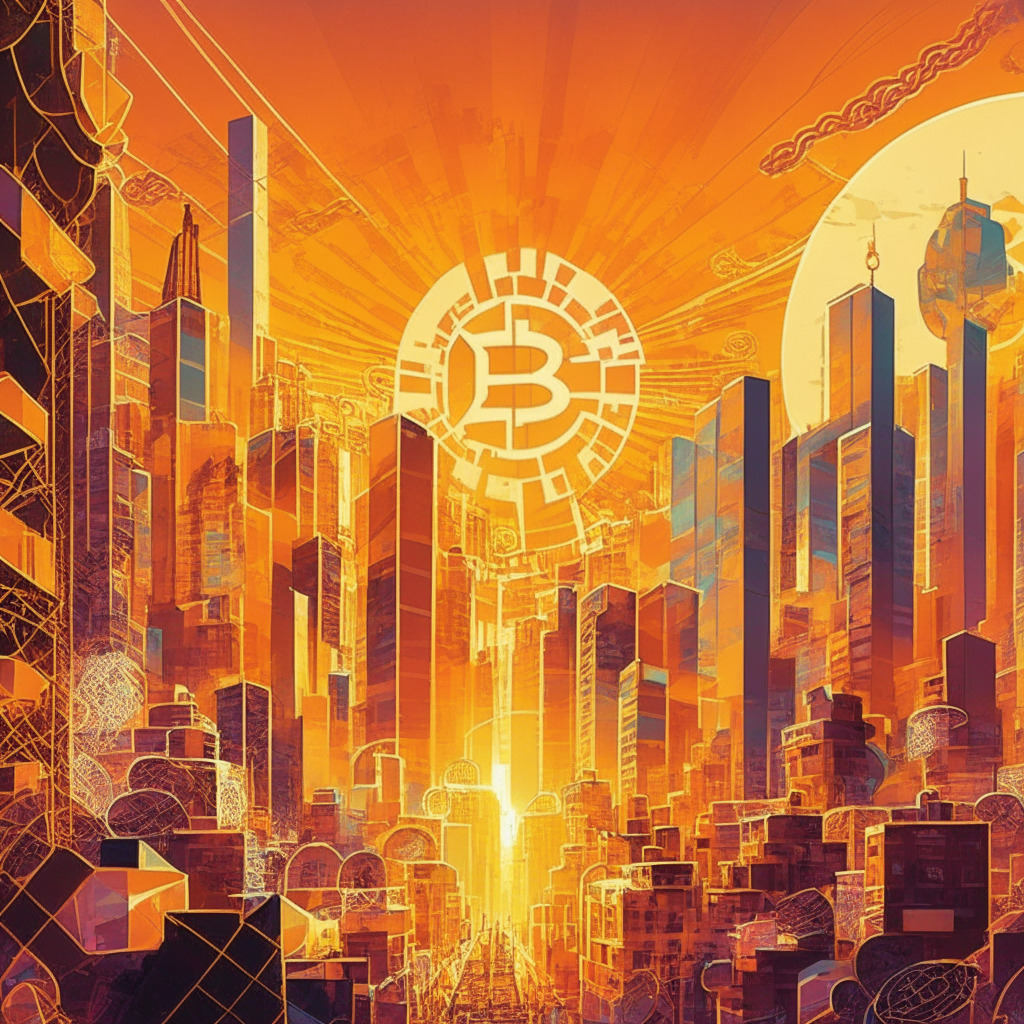 Intricate blockchain cityscape at dusk, vibrant color palette, cubist art style, glowing bitcoin logo in the sky, diverse transaction activities depicted, satoshis linked with various digital assets, souks and marketplaces bustling, warm golden-orange hues, air of innovation and economic freedom, feeling of exhilaration and dynamism.