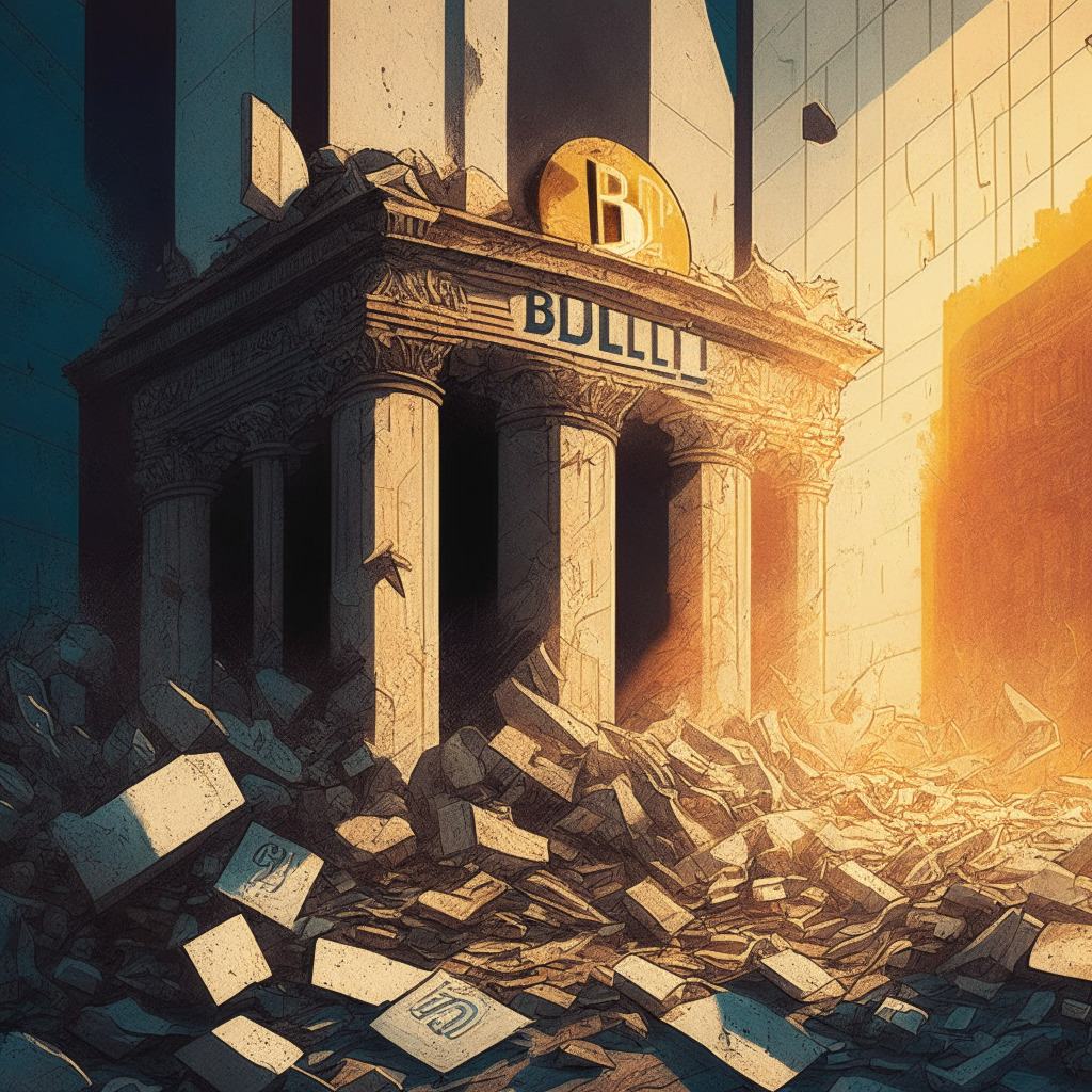 Cryptocurrency triumph amid financial crisis, Dall-E, illustrate a dynamic scene: Bitcoin's growing usage alongside a crumbling U.S. bank, striking a balance between dark and bright hues, contrasting old world and futuristic styles, fading sunlight casting jagged shadows, capturing a sense of historic transition and tenuous optimism.