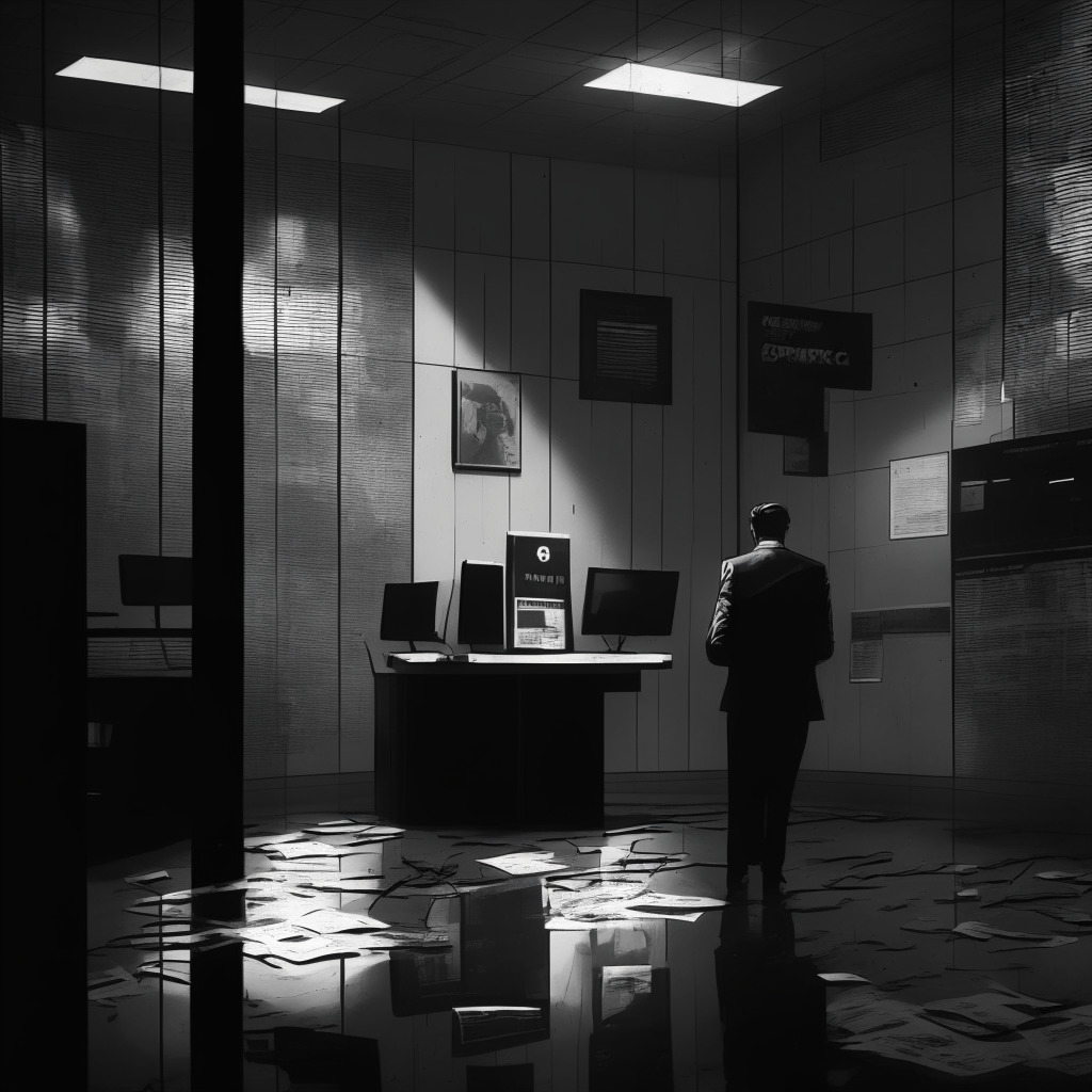 Crypto exchange fined, sleek modern office, dejected CEO, SEC logo, broken UpToken, dim lighting, somber ambiance, grayscale palette, haunting chiaroscuro, reflective surfaces, newspapers announcing ICO & settlement, tangled power cords, deserted Bitcoin ATMs.