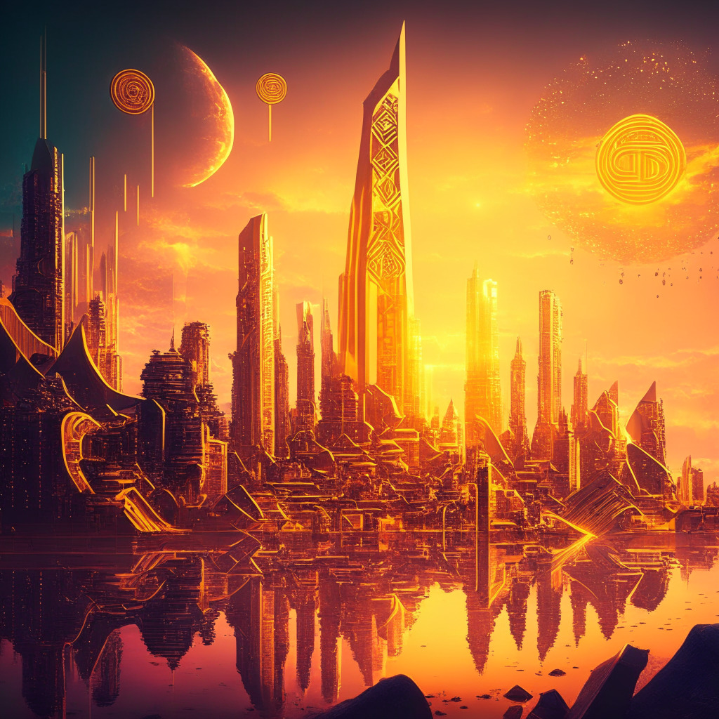 Futuristic crypto city, Bitcoin Cash symbols, Ethereum rivalry, Cashtokens CHIP upgrade, scalable urban landscape, decentralized exchange, sunset glow, freedom vs complexity, mood of anticipation, breakthrough evolution, artistic fusion of tech and finance, golden hues.