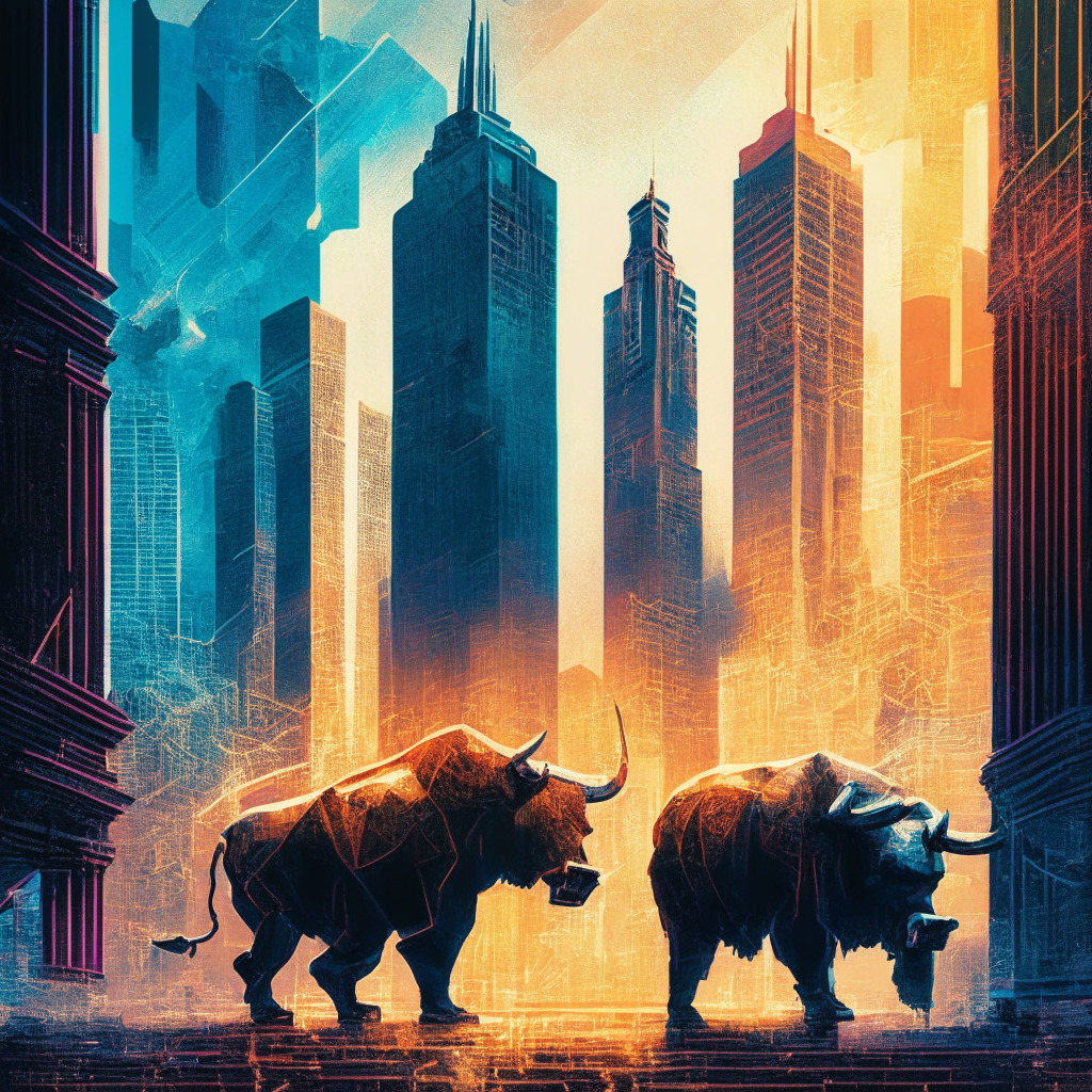 Intricate city skyline, crypto-themed with Bitcoin emblem, looming Federal Reserve building, bear and bull clashing, warm and cool colors colliding symbolizing uncertainty, delicate interplay of shadow and light, Chiaroscuro technique, Impressionism meets Futurism, moody and tense atmosphere.