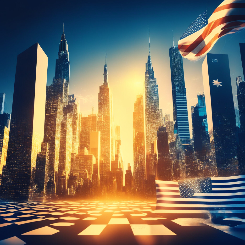 Cryptocurrency exchange in bold US expansion, diverse city skyline with Australian and US flags, golden beams of light filtering through, neo-futuristic aesthetic, optimistic atmosphere, a competitive scene with exchanges like a chess game, smooth navigation amidst turbulent waves, regulations swirling in the background, mission of accessibility shining.