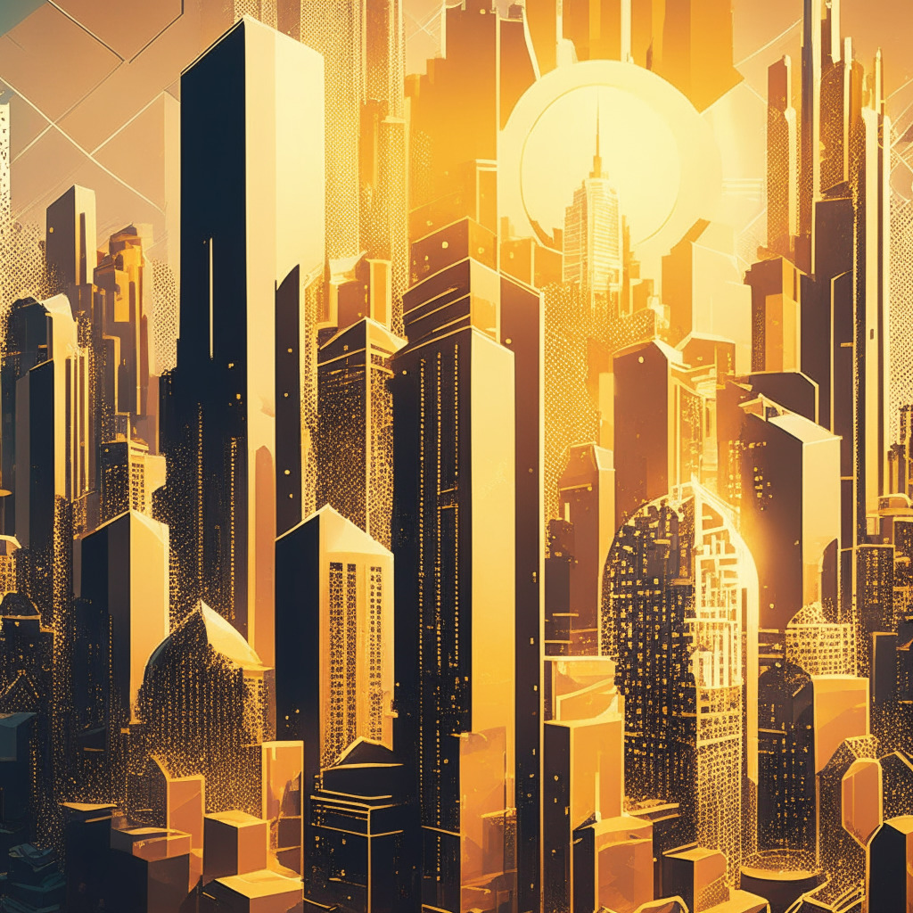 Intricate blockchain cityscape, financial towers, crypto lending platforms, artistic cubist style, warm golden light, financial hub atmosphere, mood of innovation & regulations, decentralized finance elements, balance scale symbolizing risk & return. (248 characters)