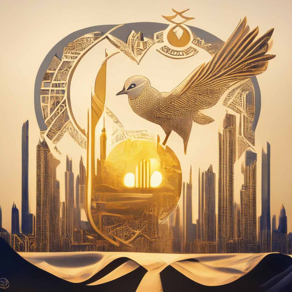 Dubai crypto regulator reprimands OPNX, a cityscape with contrasting elements representing regulation and freedom, UAE and Dubai landmarks in futuristic style, golden hour lighting to signify balance, strong bold lines, intricate patterns representing blockchain technology, mood of tension and collaboration, a dove holding an olive branch signifying hope for collaboration.