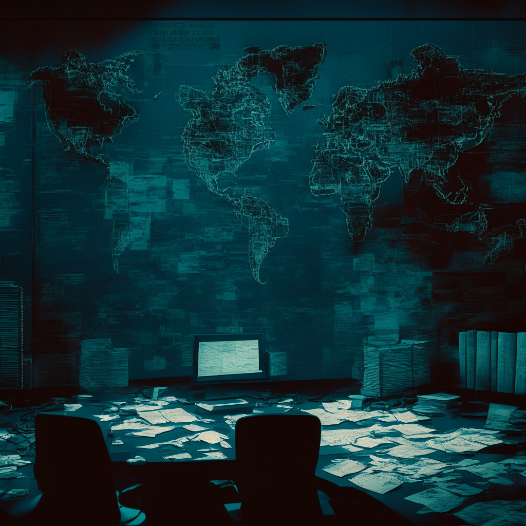 Crypto exchange settlement, dark office with US map and sanctions highlighted, tense atmosphere, chiaroscuro lighting, abstract currency symbols, subdued colors, compliance documents scattered, air of uncertainty, emphasizing challenges of regulating a crypto world.