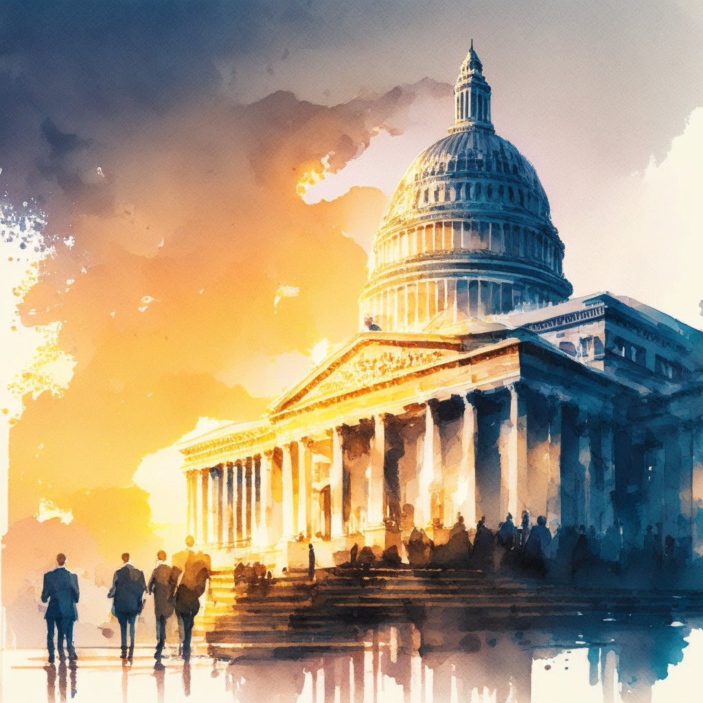 Intricate Capitol building, lawmakers discussing regulation, cryptocurrency symbols, digital asset landscape, futuristic balance scale, sunset lighting, watercolor painting style, reflective mood, hints of optimism & tension, sense of urgency, contrasting traditional banking & innovation.