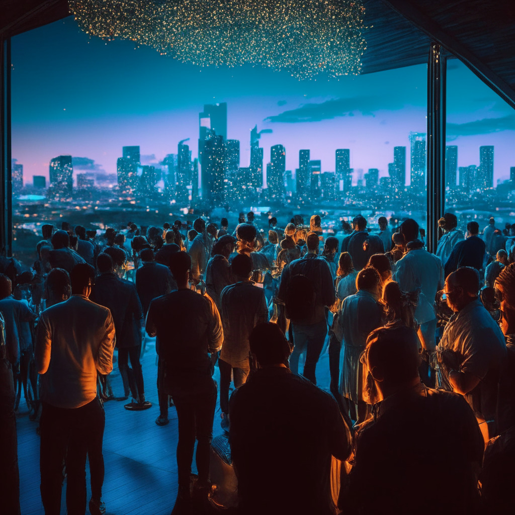 Crypto event scene, TRON DAO presence, Austin skyline, crypto enthusiasts, networking, dimly lit ambiance, futuristic artistic style, hints of golden light, fervent discussions, international connections, sense of optimism, subtle caution, expanding ecosystem, potential challenges, interconnected blockchains.