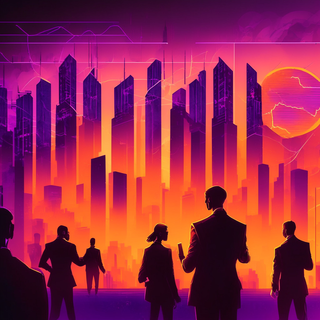 Financial growth concept art, futuristic city skyline at dusk, glowing orange and purple hues, dramatic chiaroscuro lighting, subscriptions and bitcoin symbol intertwined, energetic yet cautious mood, CEO confidently holding a holographic chart, soaring graph lines, attendees discussing in the background.