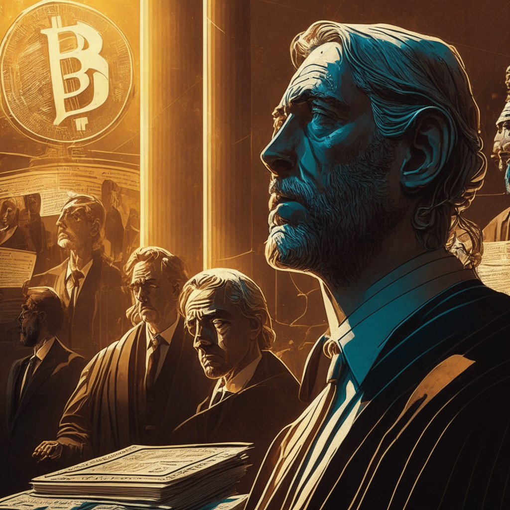 Cryptocurrency court case, artistic legal balance scales, opposing forces of free speech & regulation, warm sunlight, dramatic chiaroscuro, reflective ambience, blockchain & legal books, linework details, thoughtful expression on faces, mature industry in background, AVAX token struggling to rise.